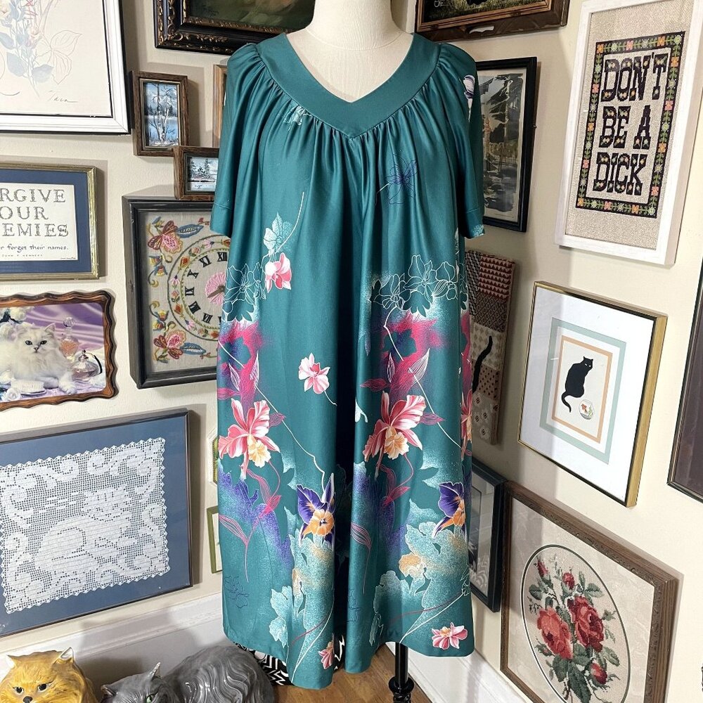 80s Vintage Sears At Home Green and Pink Orchid Print Patio Dress MuuMuu OSFM